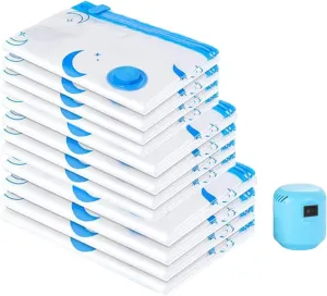 12 Pack Vacuum Storage Bags, Space Saver Bags (4 Jumbo/4 Large/4 Medium/1 Automatic Pump) Compressed Storage Bags for Clothing, Comfort Items and Blankets