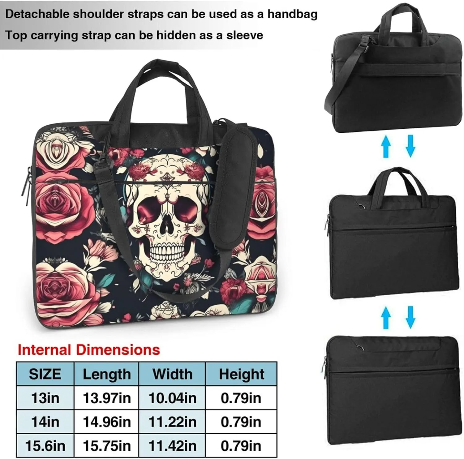 15.6 Inch Laptop Bag - Case with Soft Interior, Multiple Pockets - Ideal, Travel and Business Sugar and Skulls Style