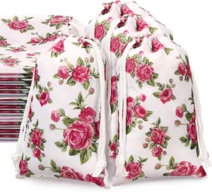 16 Pcs 8 Inches Rose Drawstring Bags Flower Gift Bags Reusable Presents Bag Vintage Floral Goodies Bag Jewelry Pouches Sacks for Wedding Birthday Mother's Day Valentine Bridal Shower Spring Decoration