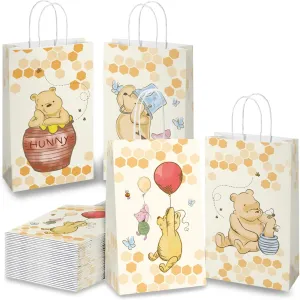 16Pcs Classic Pooh Bear Gift Bags with Handles，Kids Party Supplies,Goodie Bag with Rope for Winnie Themed Parties, Kid's Birthday, Halloween，Candy Gift Treat Bags for Party Favor 8.6*5*3.7inch