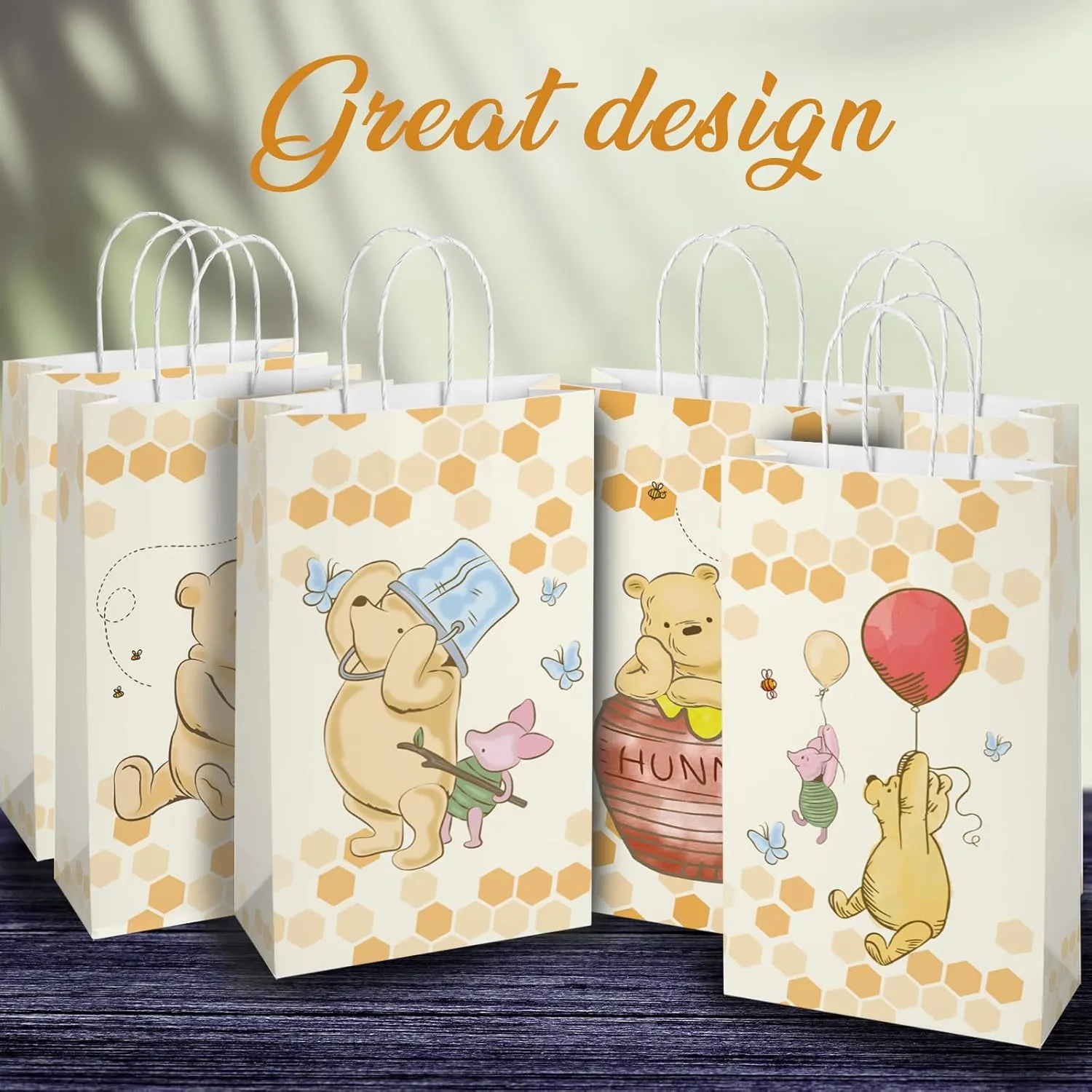 16Pcs Classic Pooh Bear Gift Bags with Handles，Kids Party Supplies,Goodie Bag with Rope for Winnie Themed Parties, Kid's Birthday, Halloween，Candy Gift Treat Bags for Party Favor 8.6*5*3.7inch