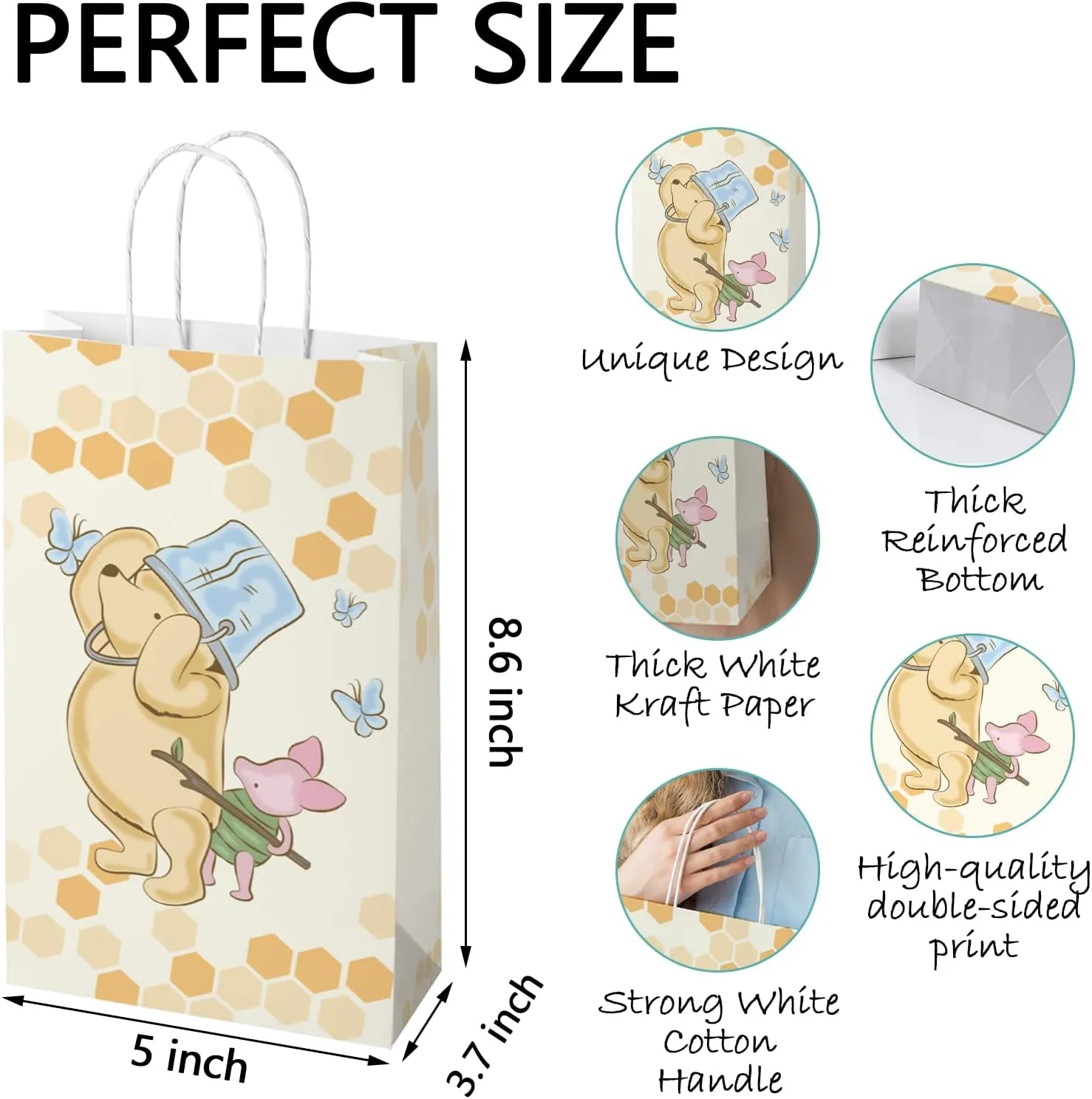 16Pcs Classic Pooh Bear Gift Bags with Handles，Kids Party Supplies,Goodie Bag with Rope for Winnie Themed Parties, Kid's Birthday, Halloween，Candy Gift Treat Bags for Party Favor 8.6*5*3.7inch