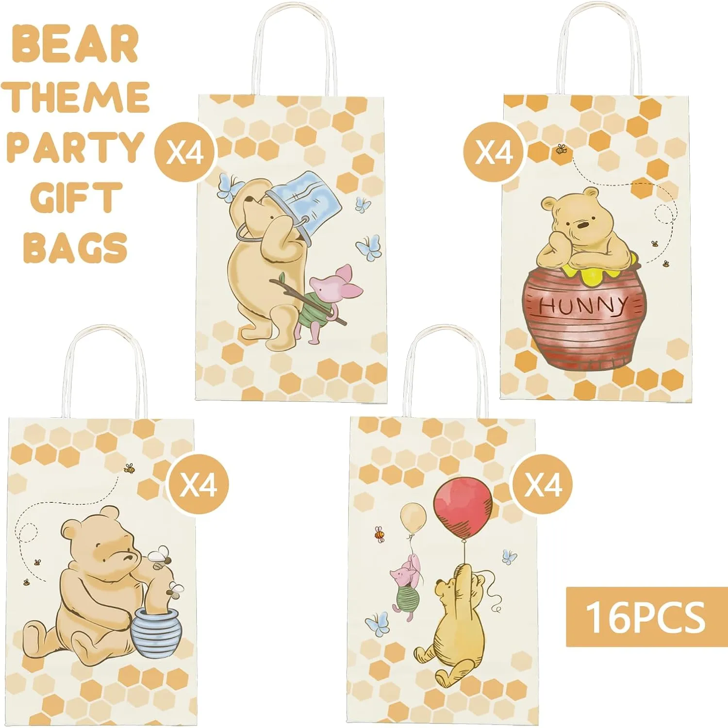 16Pcs Classic Pooh Bear Gift Bags with Handles，Kids Party Supplies,Goodie Bag with Rope for Winnie Themed Parties, Kid's Birthday, Halloween，Candy Gift Treat Bags for Party Favor 8.6*5*3.7inch