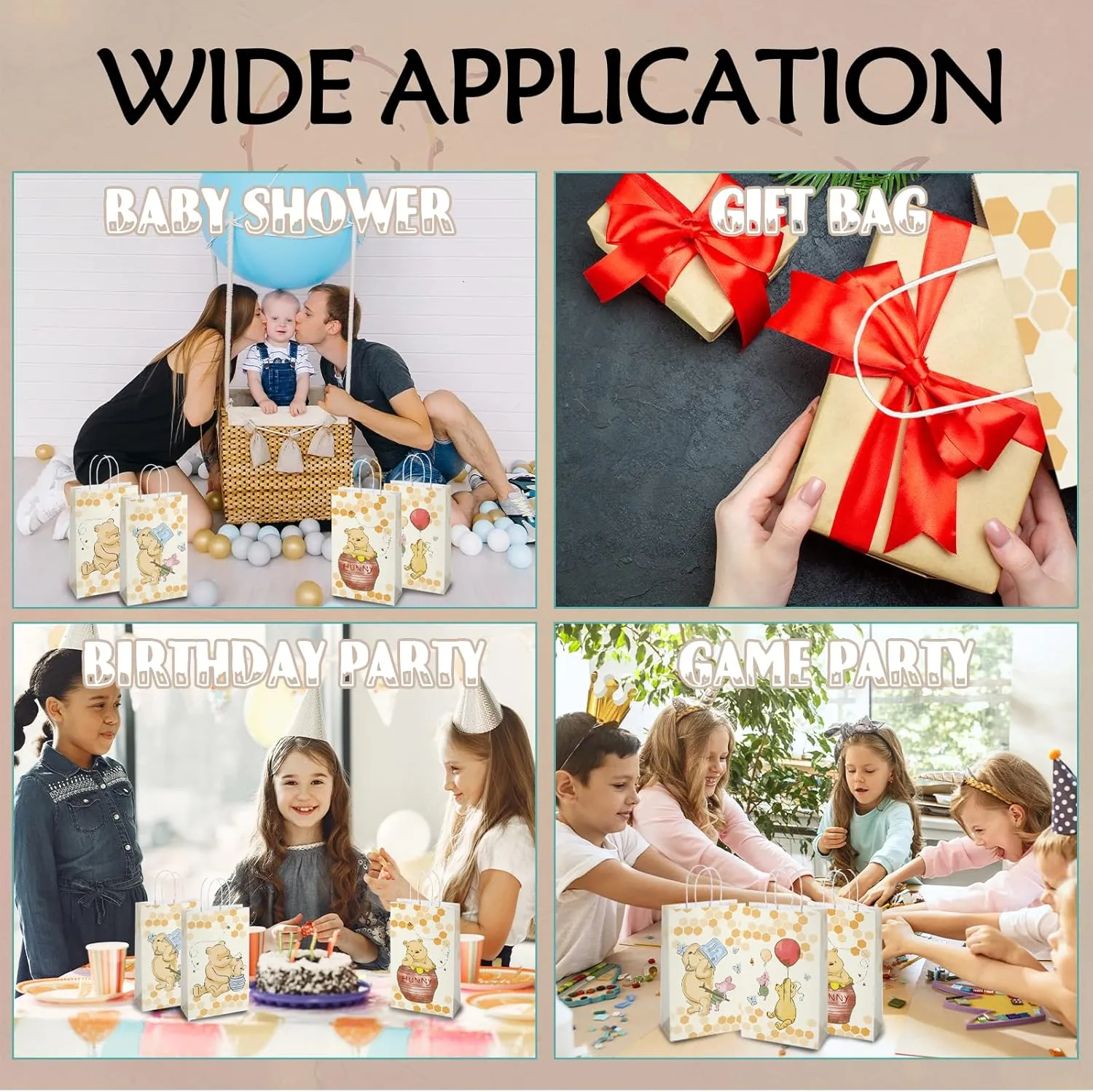 16Pcs Classic Pooh Bear Gift Bags with Handles，Kids Party Supplies,Goodie Bag with Rope for Winnie Themed Parties, Kid's Birthday, Halloween，Candy Gift Treat Bags for Party Favor 8.6*5*3.7inch