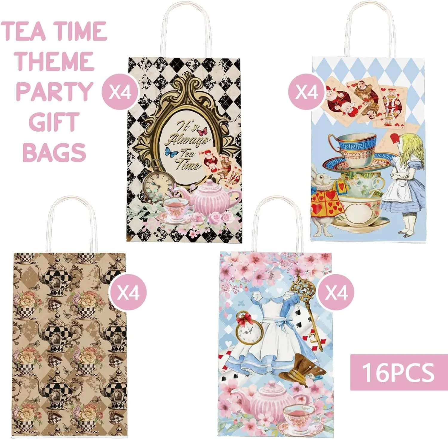 16PCS Wonderland Themed Party Supplies for Girls Kids;Birthday Party Decorations,Alice Party Supplies Tea Party Favor Bags Treat Bags,Tea Party Theme Birthday Baby Shower Paper Bags 8.6*5*3.7inch