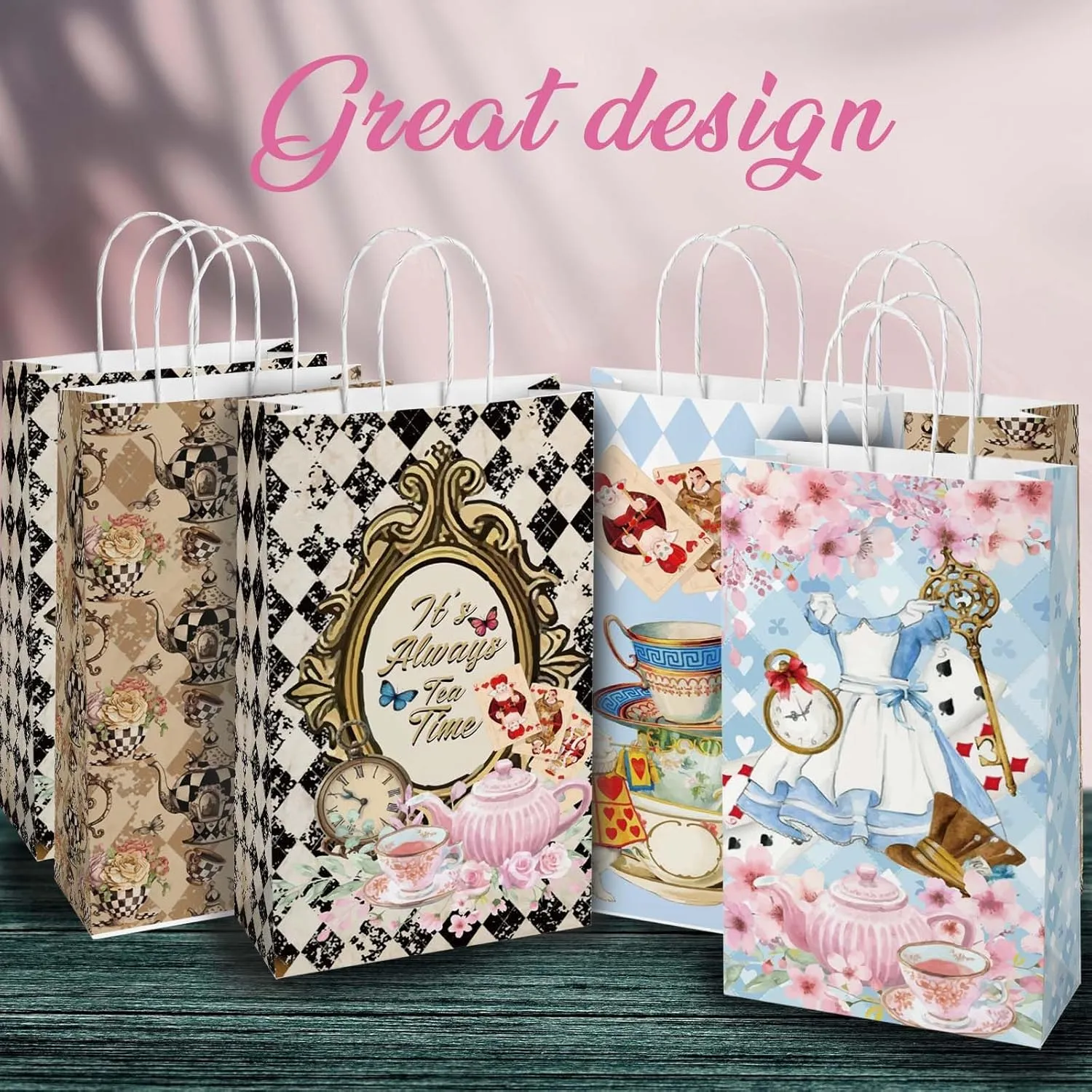 16PCS Wonderland Themed Party Supplies for Girls Kids;Birthday Party Decorations,Alice Party Supplies Tea Party Favor Bags Treat Bags,Tea Party Theme Birthday Baby Shower Paper Bags 8.6*5*3.7inch