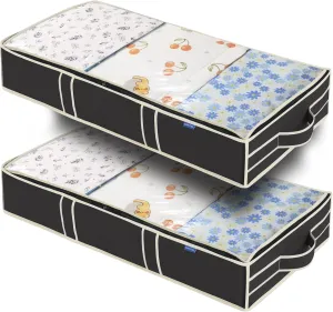 2 Pack Sturdy Underbed Storage Bags with Durable Handles Top Large Window, Under-the-Bed Organzier Bins, Foldable Under-Bed Storage Containers Organizing Comforter Clothes (Black)