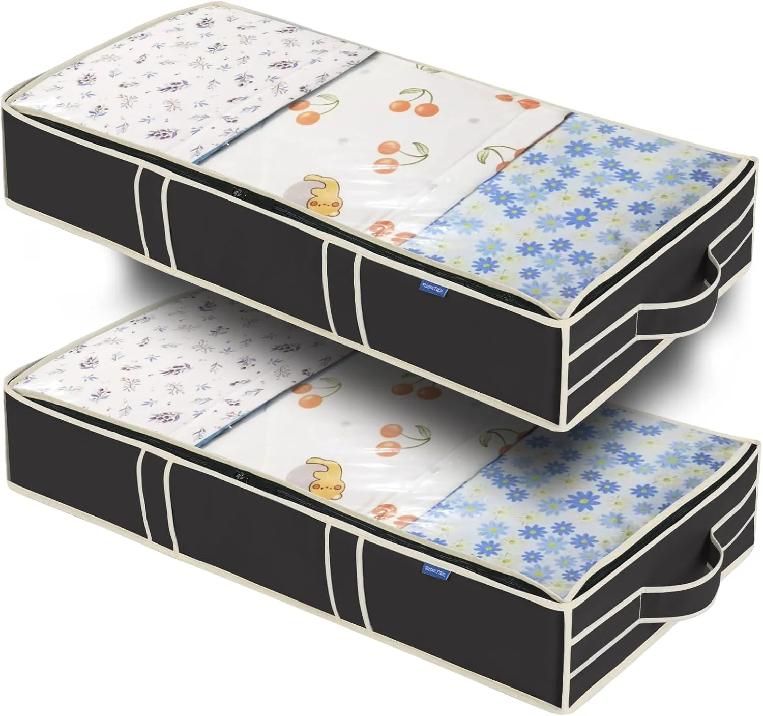 2 Pack Sturdy Underbed Storage Bags with Durable Handles Top Large Window, Under-the-Bed Organzier Bins, Foldable Under-Bed Storage Containers Organizing Comforter Clothes (Black)