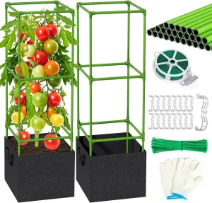 2 Pack Tomato Cages for Garden with Grow Bags, 3.7 Ft Adjustable Square Tomato Plant Stakes Support, Trellis for Raised Garden Bed, Climbing Vegetables, Flowers & Fruits, for Pots, Outdoor, Gardening