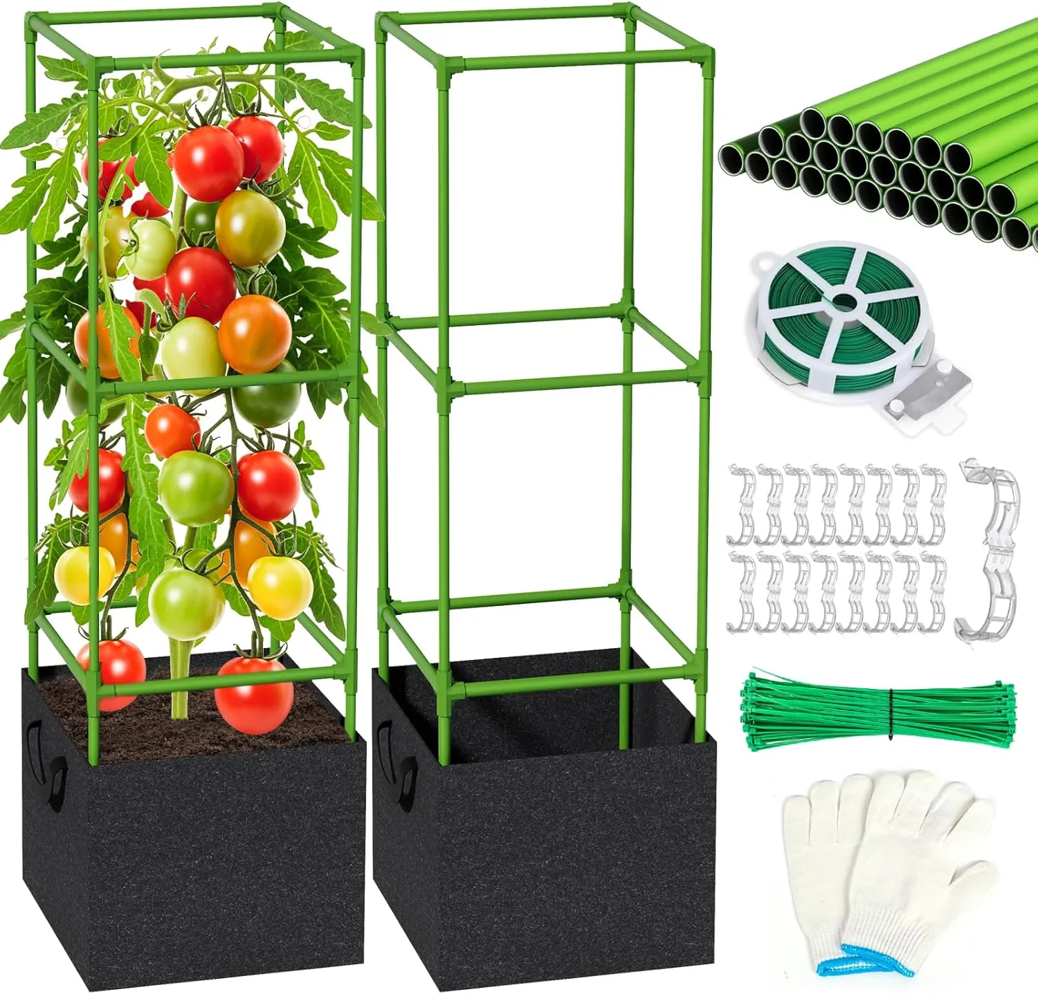 2 Pack Tomato Cages for Garden with Grow Bags, 3.7 Ft Adjustable Square Tomato Plant Stakes Support, Trellis for Raised Garden Bed, Climbing Vegetables, Flowers & Fruits, for Pots, Outdoor, Gardening