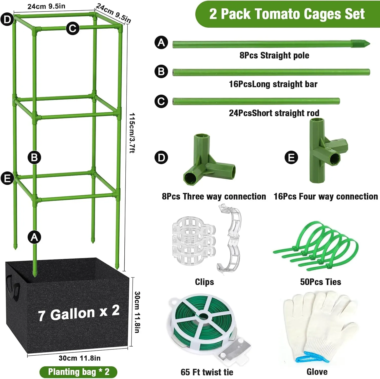 2 Pack Tomato Cages for Garden with Grow Bags, 3.7 Ft Adjustable Square Tomato Plant Stakes Support, Trellis for Raised Garden Bed, Climbing Vegetables, Flowers & Fruits, for Pots, Outdoor, Gardening
