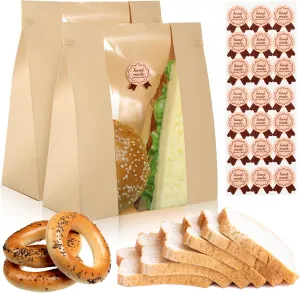 200 Pack Paper Bread Bags with Window for Homemade, 7.9 x 11.8 Inch Sourdough Bakery Bags with Tin Tie Tab Lock and Label Seal Stickers Kraft Paper Bread Bag for Storage Bakery Treat Cookies Snacks