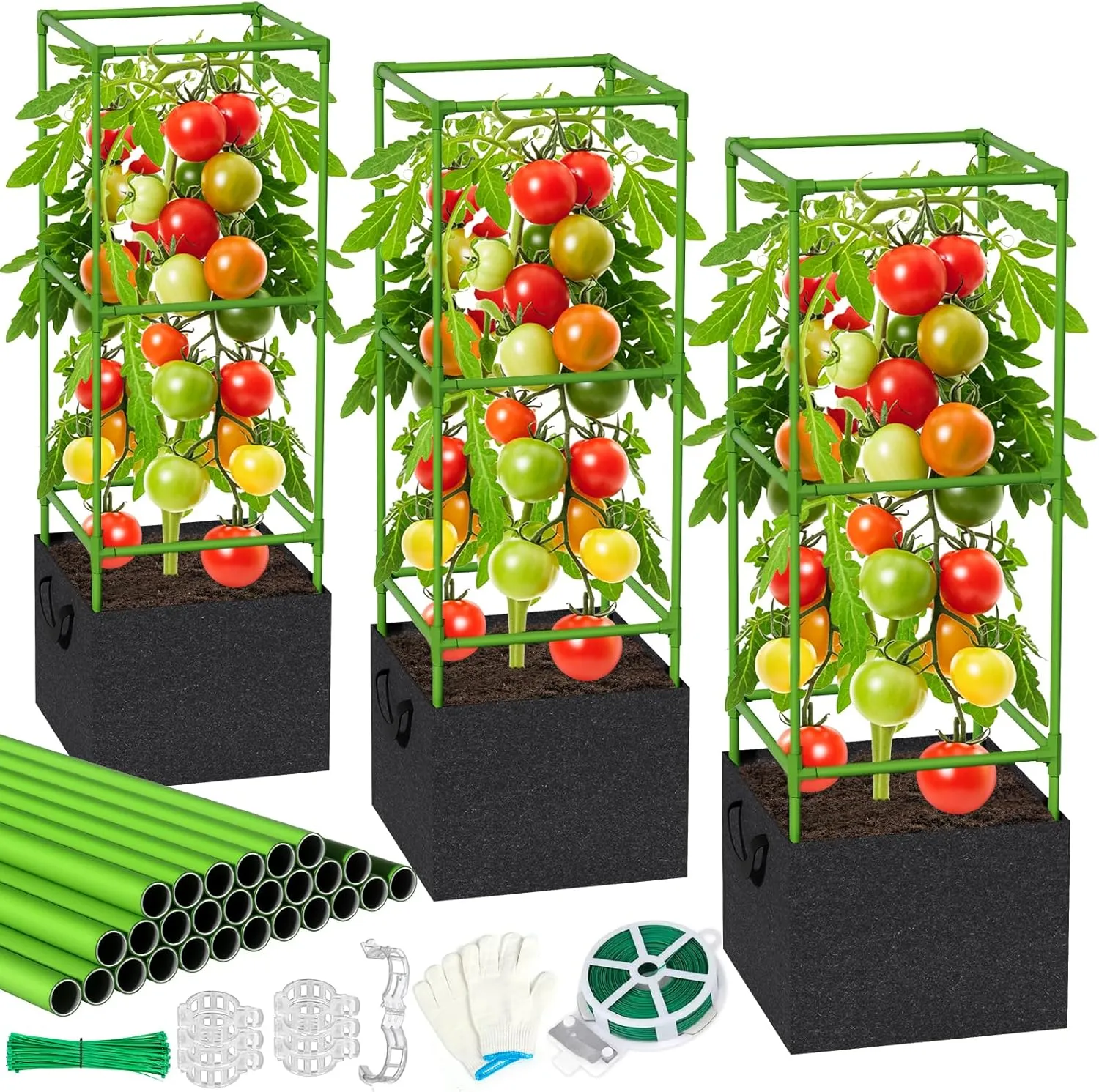 3 Pack Tomato Cages for Garden with Grow Bags, 3.7Ft Adjustable Square Tomato Plant Stakes & Trellis, Raised Garden Bed Support for Climbing Vegetables, Flowers & Fruits, Outdoor Gardening & Pots