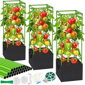 3 Pack Tomato Cages for Garden with Grow Bags, 3.7Ft Adjustable Square Tomato Plant Stakes & Trellis, Raised Garden Bed Support for Climbing Vegetables, Flowers & Fruits, Outdoor Gardening & Pots