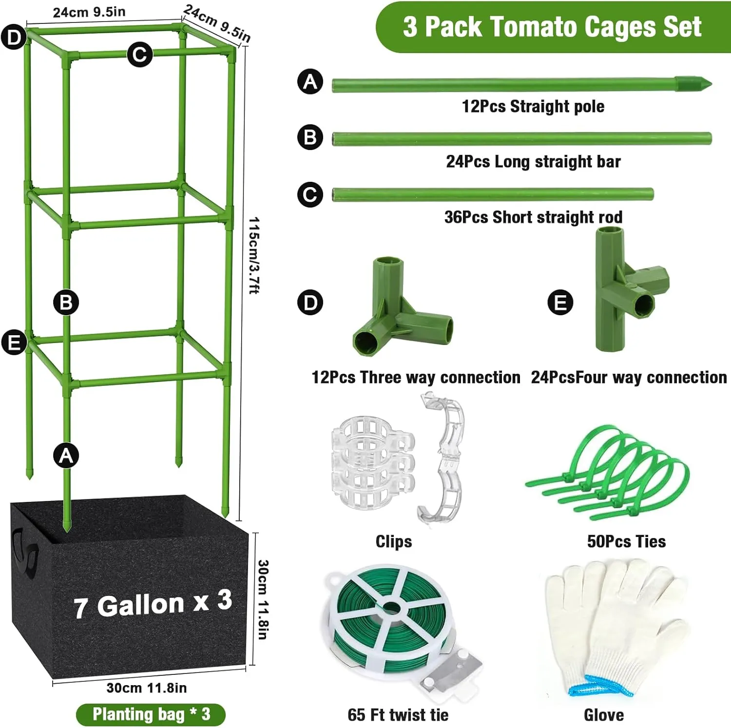 3 Pack Tomato Cages for Garden with Grow Bags, 3.7Ft Adjustable Square Tomato Plant Stakes & Trellis, Raised Garden Bed Support for Climbing Vegetables, Flowers & Fruits, Outdoor Gardening & Pots
