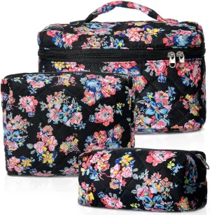3 Pcs Quilted Makeup Bags Large Floral Cosmetic Bag for Women Cotton Makeup Bag Set Travel Toiletry Bag Aesthetic Cute Cosmetic Pouch for Women Christmas Gifts Organizer Home Bathroom