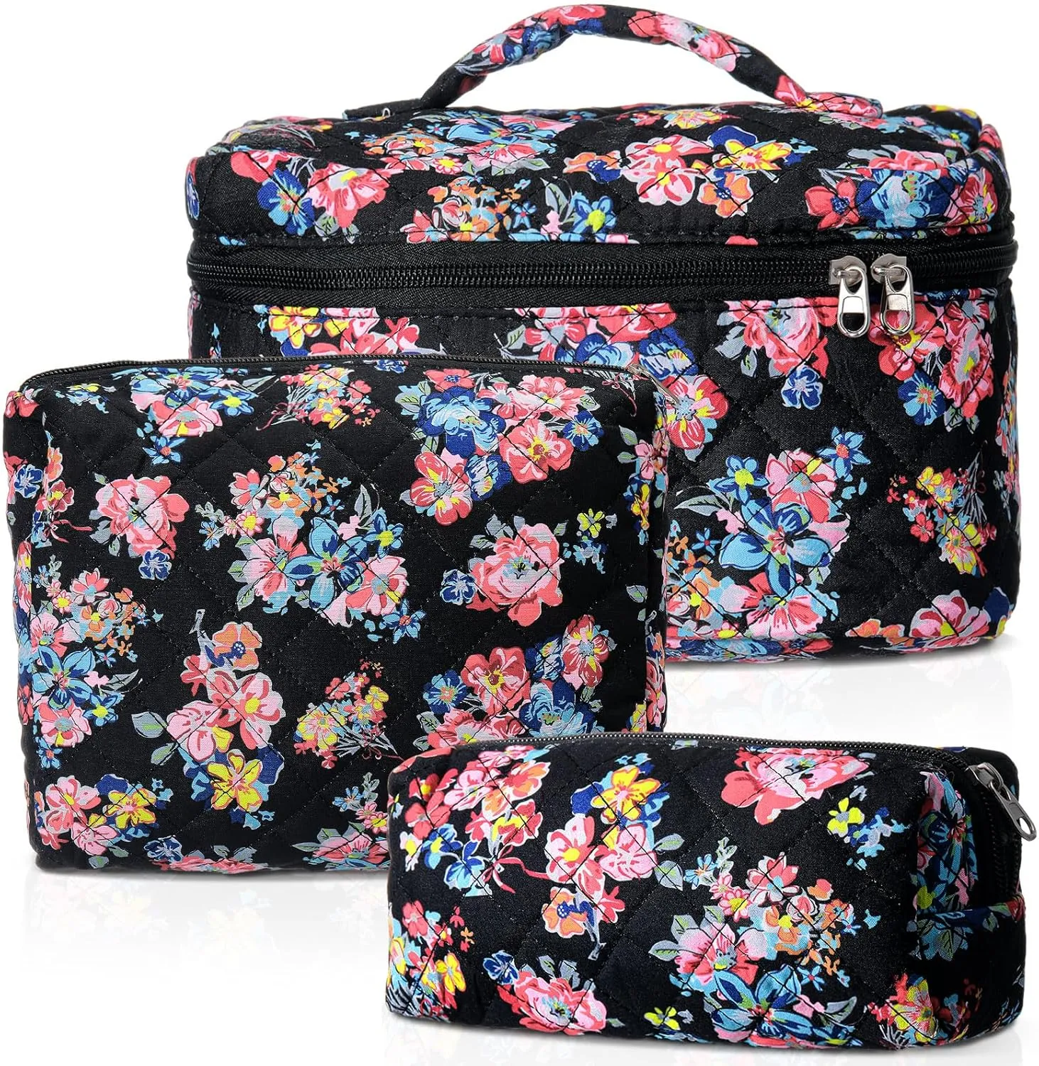 3 Pcs Quilted Makeup Bags Large Floral Cosmetic Bag for Women Cotton Makeup Bag Set Travel Toiletry Bag Aesthetic Cute Cosmetic Pouch for Women Christmas Gifts Organizer Home Bathroom