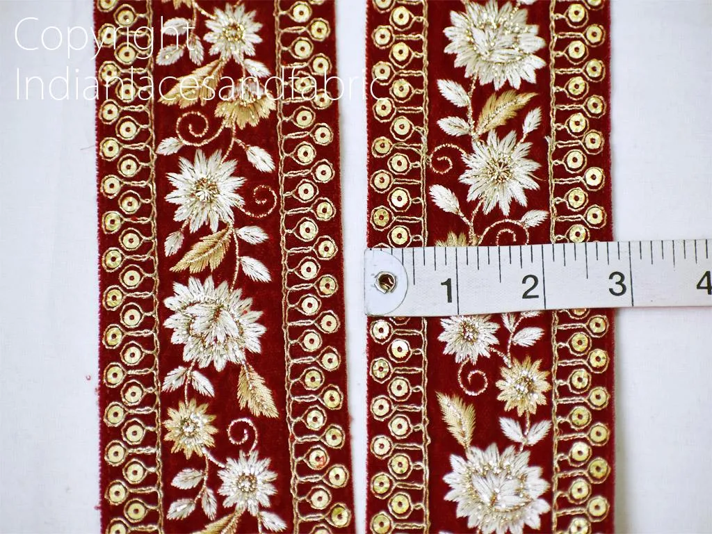 3 Yard Red 7cm Embroidered Velvet Fabric Trim Saree Ribbon Indian Sari Gold Crafting Sewing Border DIY Beach Bag Hats Cushions