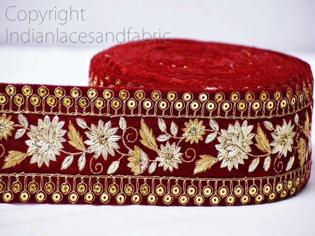 3 Yard Red 7cm Embroidered Velvet Fabric Trim Saree Ribbon Indian Sari Gold Crafting Sewing Border DIY Beach Bag Hats Cushions