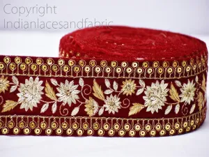 3 Yard Red 7cm Embroidered Velvet Fabric Trim Saree Ribbon Indian Sari Gold Crafting Sewing Border DIY Beach Bag Hats Cushions