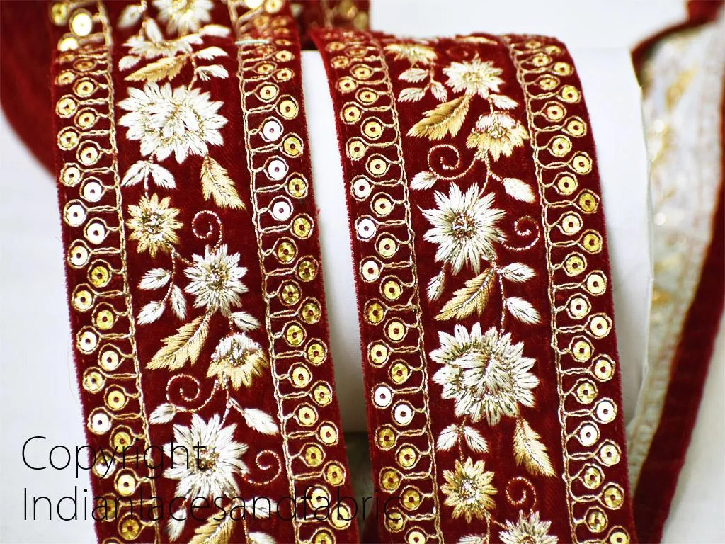 3 Yard Red 7cm Embroidered Velvet Fabric Trim Saree Ribbon Indian Sari Gold Crafting Sewing Border DIY Beach Bag Hats Cushions