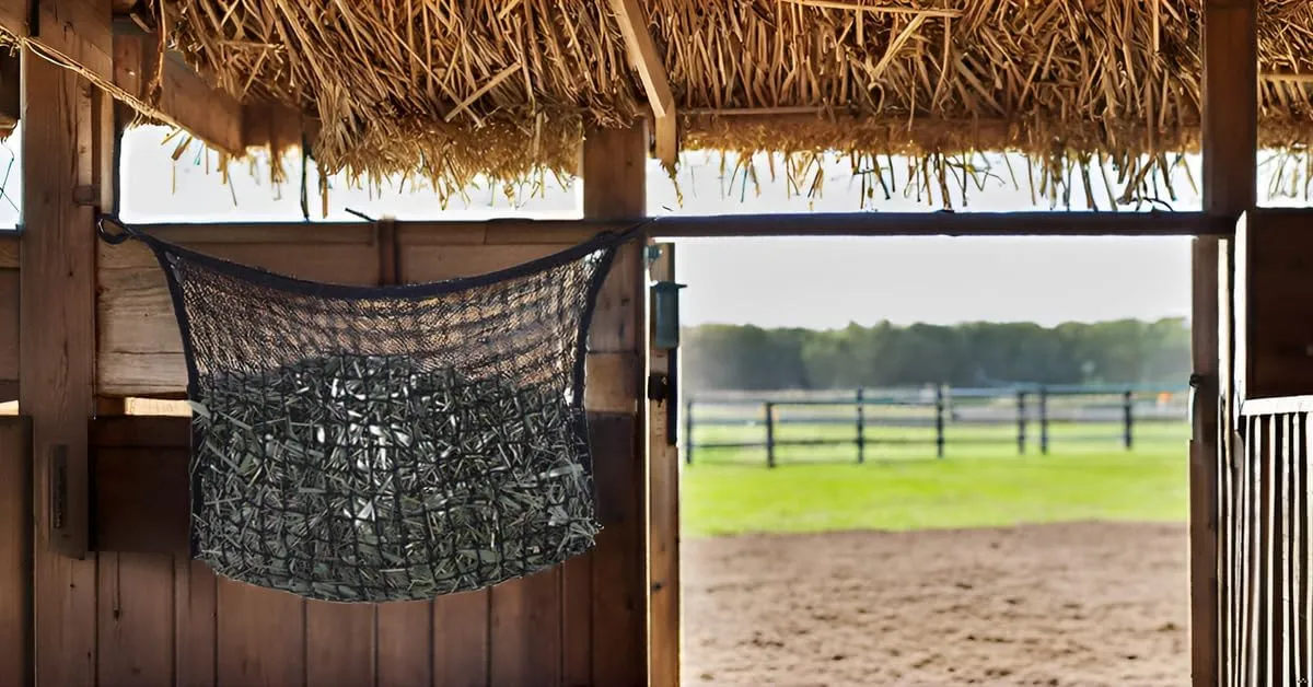 4-Pack Black Hay Nets for Slow Feeding - 31.4" × 35.4" Large Capacity Hay Bags with 2" x 2" Small Holes, Easy to Hang for Full-Day Horse and Goat Feeding in Stalls and on Trails