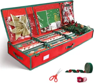 42'' Gift Wrap Organizer Christmas Wrapping Paper Storage Sturdy 600D Oxford Fabric Xmas Accessories Containers Bag Large Capacity Ornaments Storage Box (Red)