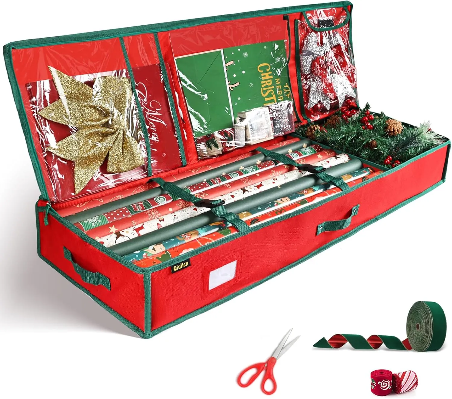 42'' Gift Wrap Organizer Christmas Wrapping Paper Storage Sturdy 600D Oxford Fabric Xmas Accessories Containers Bag Large Capacity Ornaments Storage Box (Red)