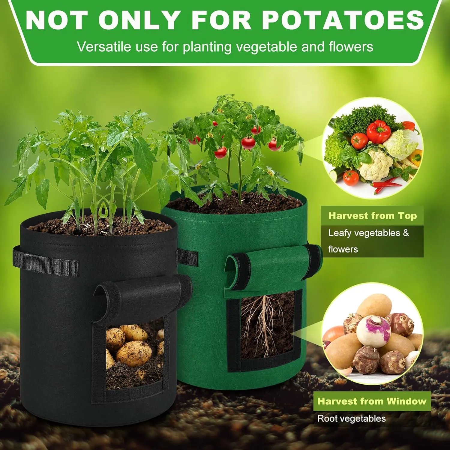 5 Pack Potato Growing Bags, 7 Gallon Non-Woven Gardening Bags with Reinforced Handles, Heavy Fabric Planters with Harvest Window, Great for Growing Tomatoes, Vegetables, and Fruits in the Garden