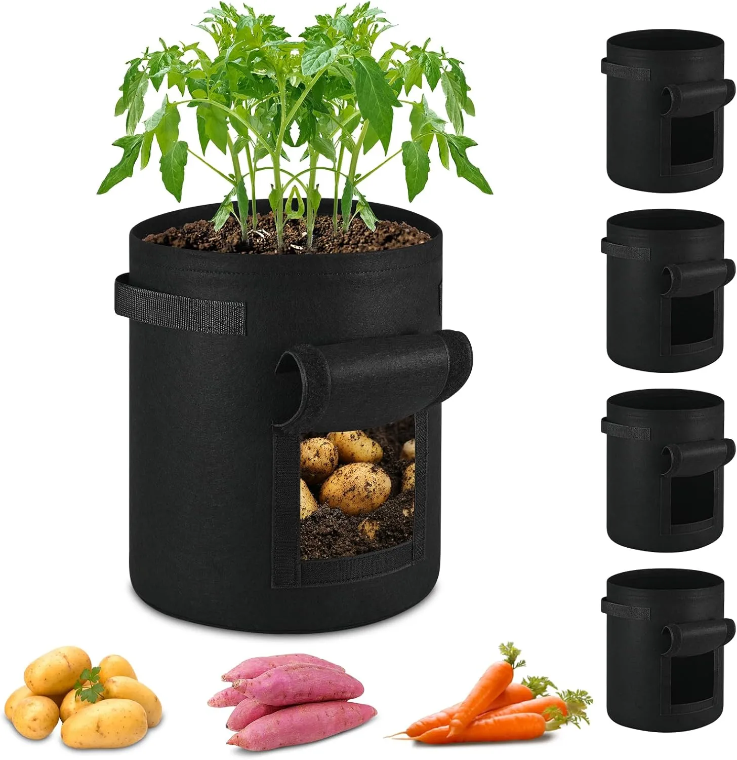 5 Pack Potato Growing Bags, 7 Gallon Non-Woven Gardening Bags with Reinforced Handles, Heavy Fabric Planters with Harvest Window, Great for Growing Tomatoes, Vegetables, and Fruits in the Garden