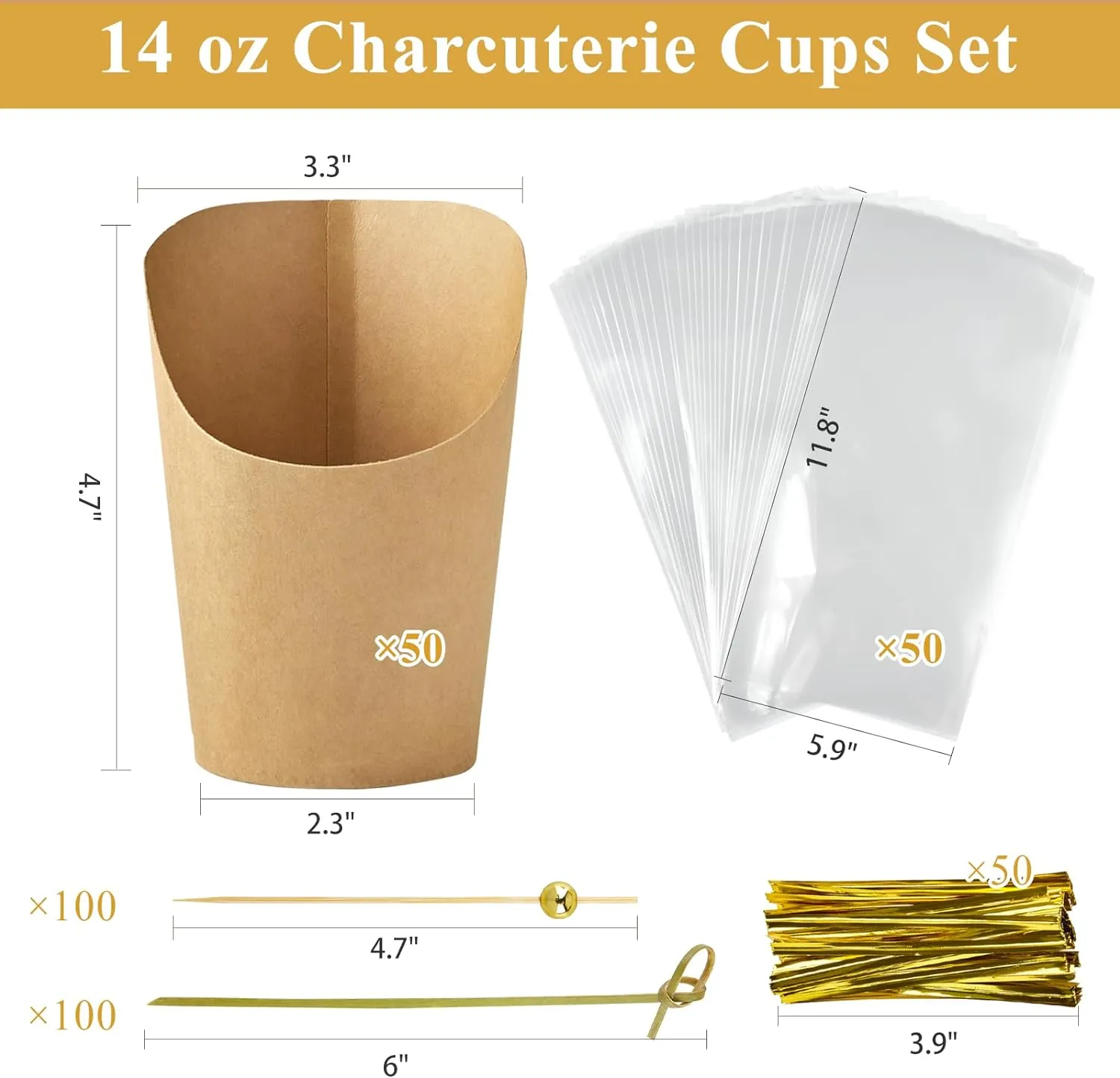 50 Sets 14 oz Charcuterie Cups with Sticks, Individual Kraft Paper Charcuterie Boxes Disposable Individual Appetizer Serving Cups (50 Cups   200 Cocktail Picks   50 Bags   50 Ties)
