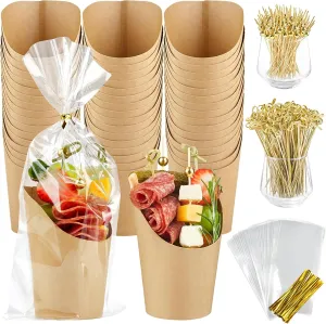50 Sets 14 oz Charcuterie Cups with Sticks, Individual Kraft Paper Charcuterie Boxes Disposable Individual Appetizer Serving Cups (50 Cups   200 Cocktail Picks   50 Bags   50 Ties)