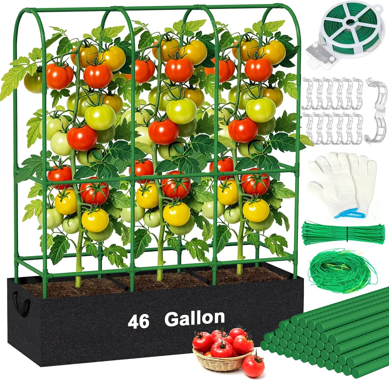 5.5Ft Tomato Cages for Gardens with 46-Gallon Grow Bags, Adjustable Plant Support Stakes & Trellis - Raised Garden Bed Climbing Vegetables Fruits Flowers Outdoor Gardening Supplies