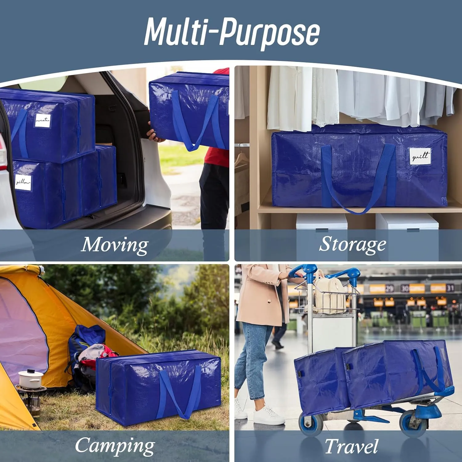 6 Pack Extra Heavy Duty Large Moving Bags with Strong Zipper & Comfortable Handles, Sturdy & Durable Clothes Storage Bags Totes Bins, Packing Moving Boxes for College Supplies, Blue