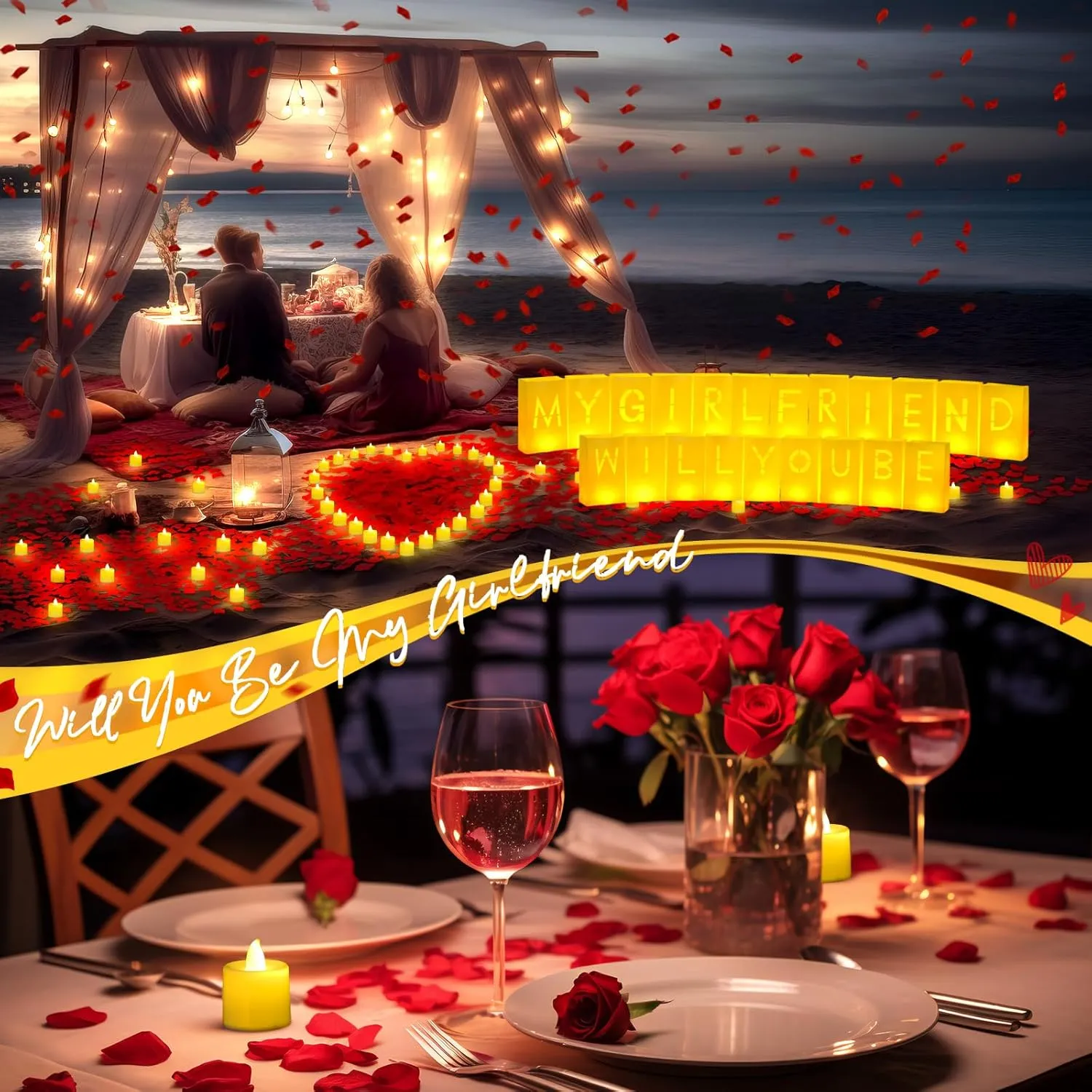 6093 Pcs Will You Be My Girlfriend Light up Letters with LED Flameless Tealight Candle Red Rose Petal Letter Luminary Paper Bag for Decoration Party Romantic Night Decor for Women Men