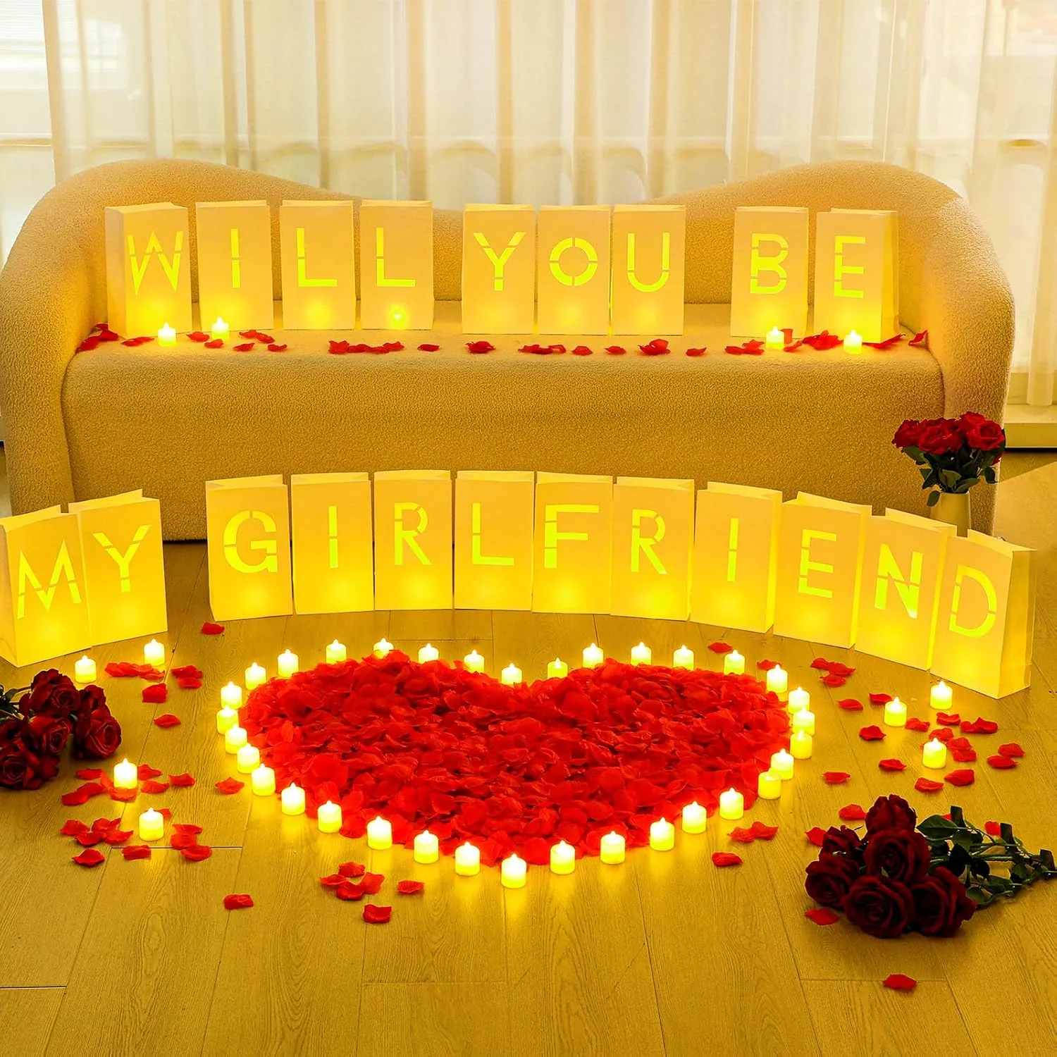 6093 Pcs Will You Be My Girlfriend Light up Letters with LED Flameless Tealight Candle Red Rose Petal Letter Luminary Paper Bag for Decoration Party Romantic Night Decor for Women Men