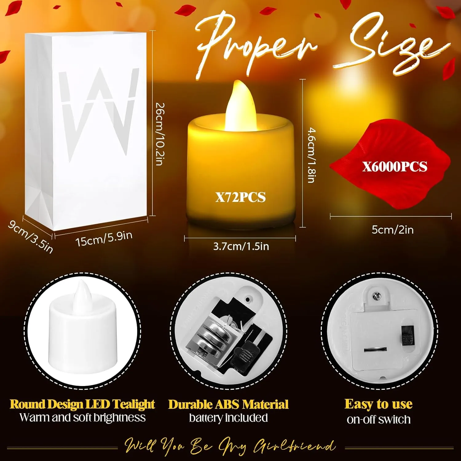 6093 Pcs Will You Be My Girlfriend Light up Letters with LED Flameless Tealight Candle Red Rose Petal Letter Luminary Paper Bag for Decoration Party Romantic Night Decor for Women Men