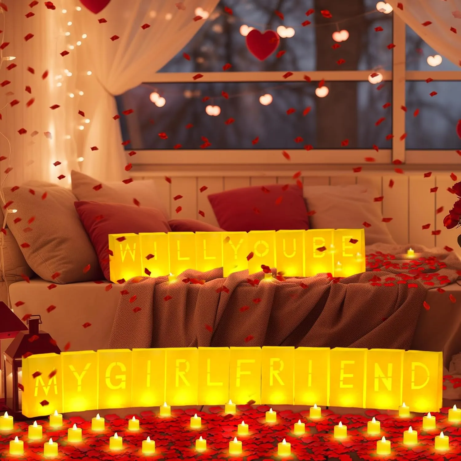 6093 Pcs Will You Be My Girlfriend Light up Letters with LED Flameless Tealight Candle Red Rose Petal Letter Luminary Paper Bag for Decoration Party Romantic Night Decor for Women Men