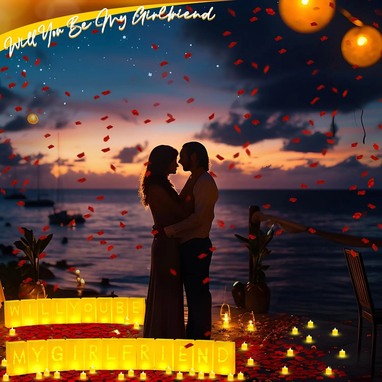 6093 Pcs Will You Be My Girlfriend Light up Letters with LED Flameless Tealight Candle Red Rose Petal Letter Luminary Paper Bag for Decoration Party Romantic Night Decor for Women Men