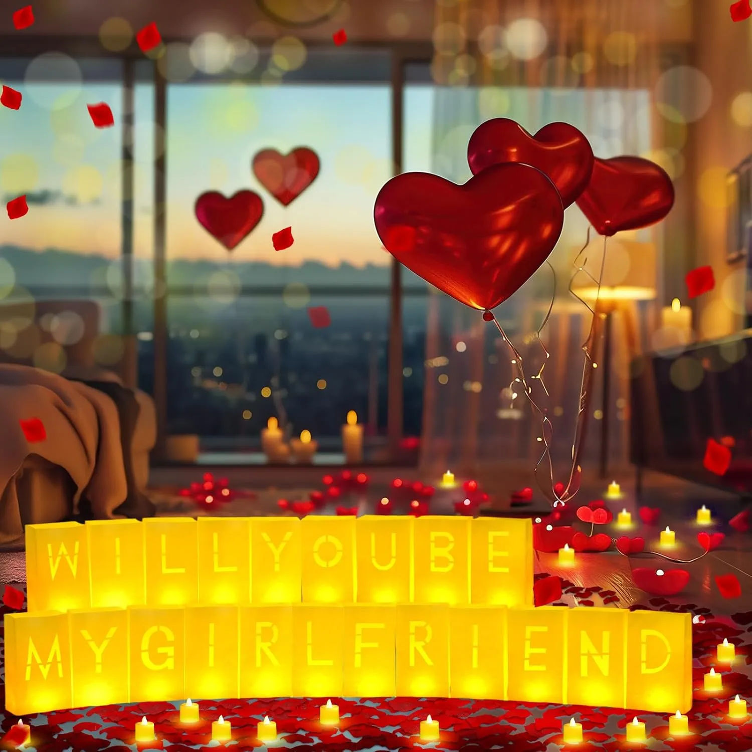 6093 Pcs Will You Be My Girlfriend Light up Letters with LED Flameless Tealight Candle Red Rose Petal Letter Luminary Paper Bag for Decoration Party Romantic Night Decor for Women Men