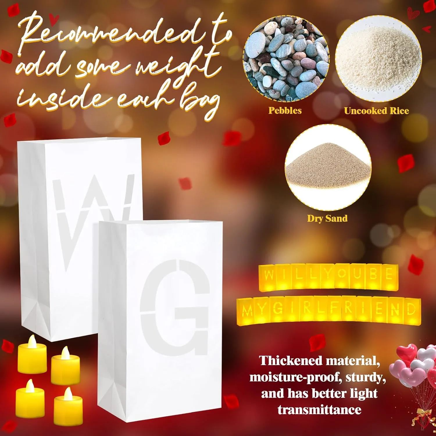 6093 Pcs Will You Be My Girlfriend Light up Letters with LED Flameless Tealight Candle Red Rose Petal Letter Luminary Paper Bag for Decoration Party Romantic Night Decor for Women Men