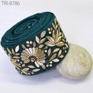 9 Yard Teal Green  8cm Embroidery Trims Ribbons Indian Sari Border Embroidered DIY Crafting Sewing Tablecloth Lampshade Home Decor Trimmings