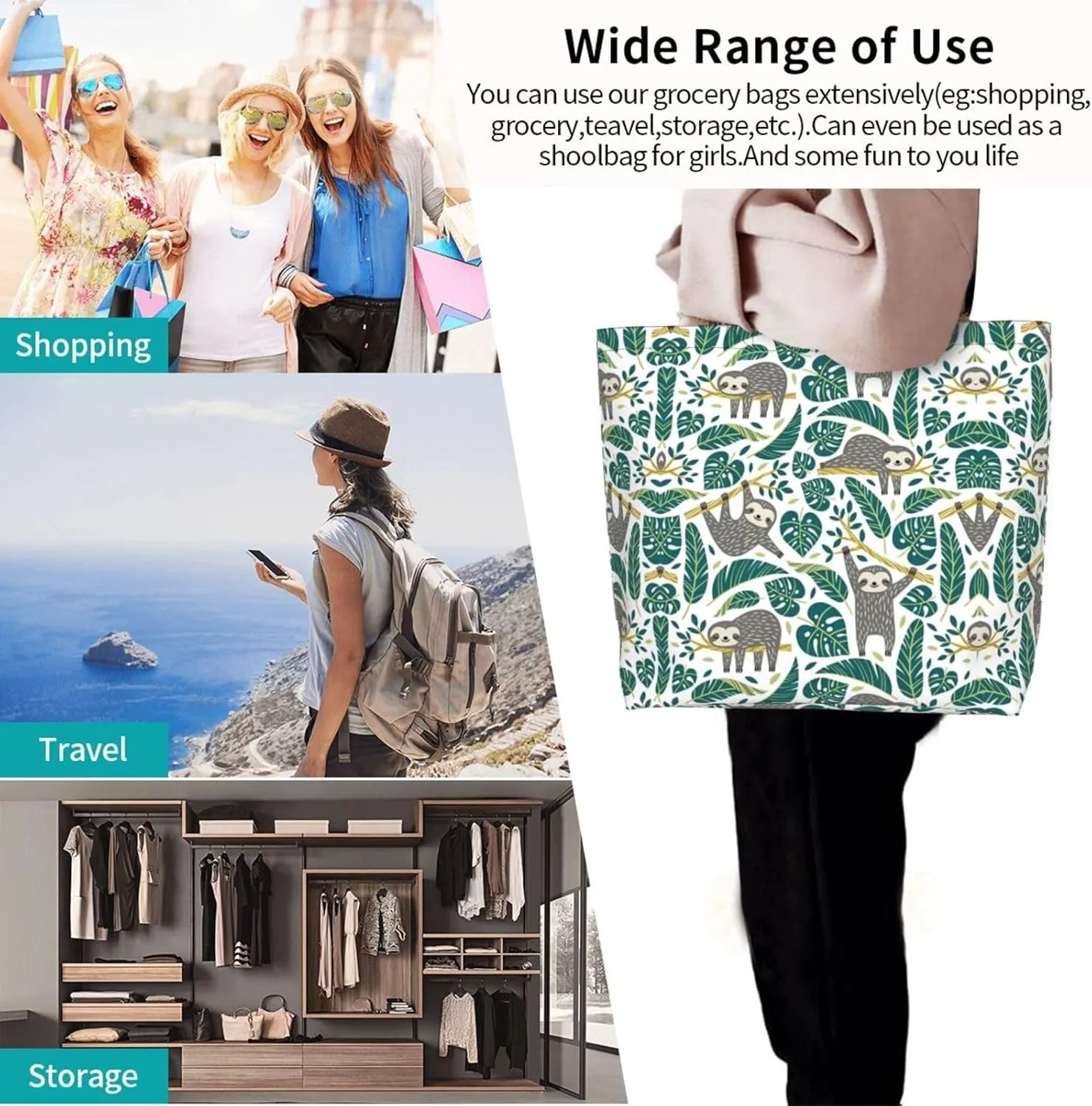 Adorable Sloth Print Shoulder Bag For Women Shopping Bags Tote Bag Large Storage Handbag Grocery Bags For Travel Work