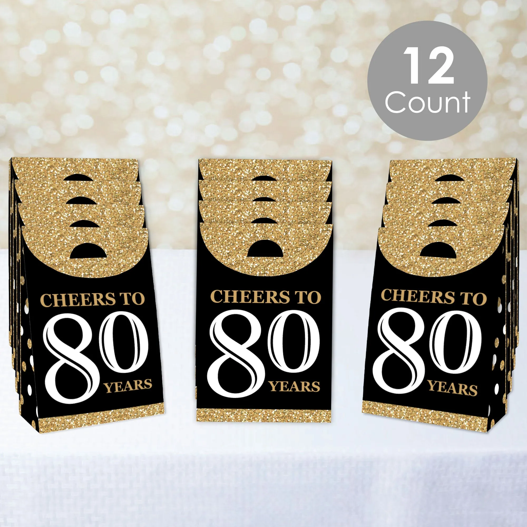 Adult 80th Birthday - Gold - Birthday Gift Favor Bags - Party Goodie Boxes - Set of 12
