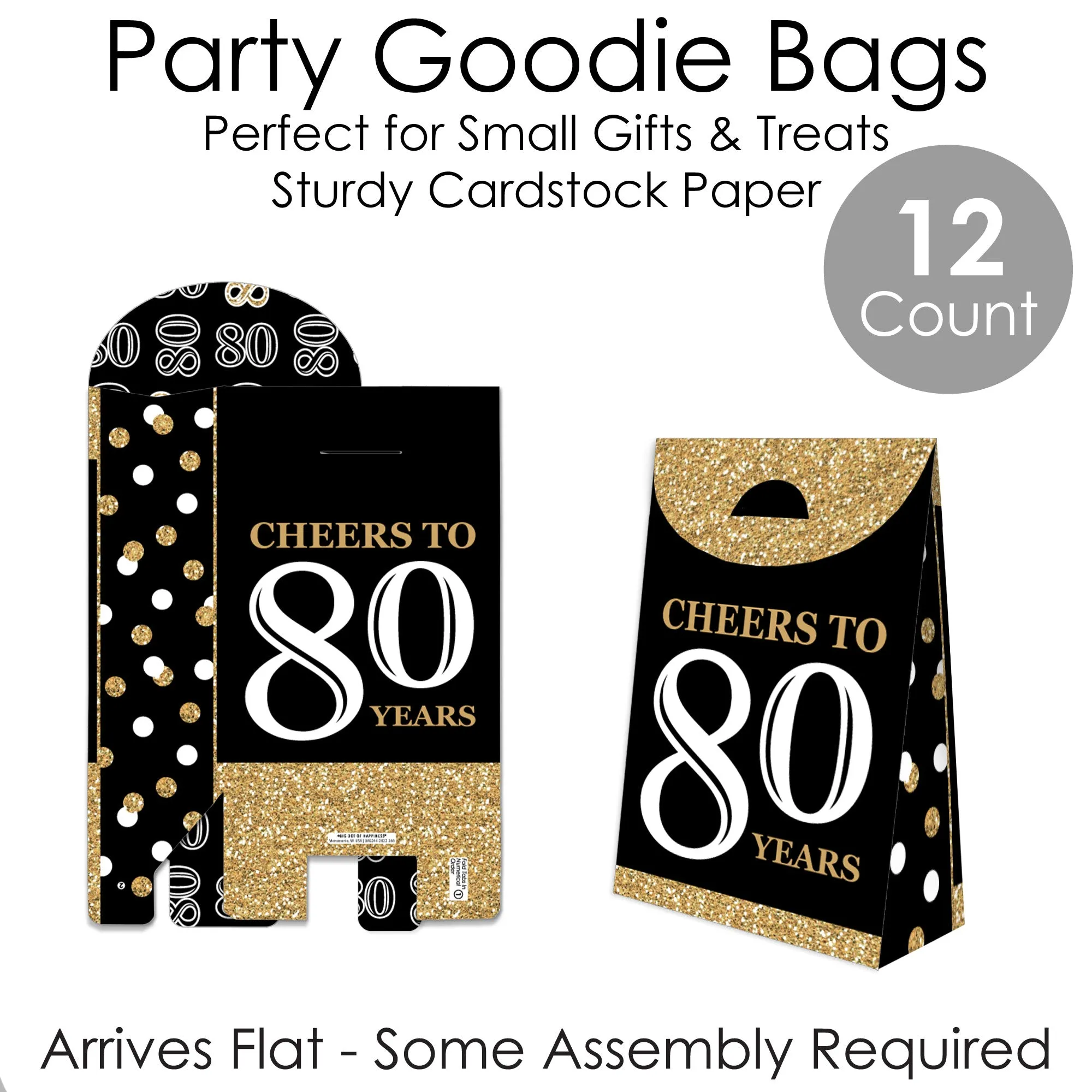 Adult 80th Birthday - Gold - Birthday Gift Favor Bags - Party Goodie Boxes - Set of 12