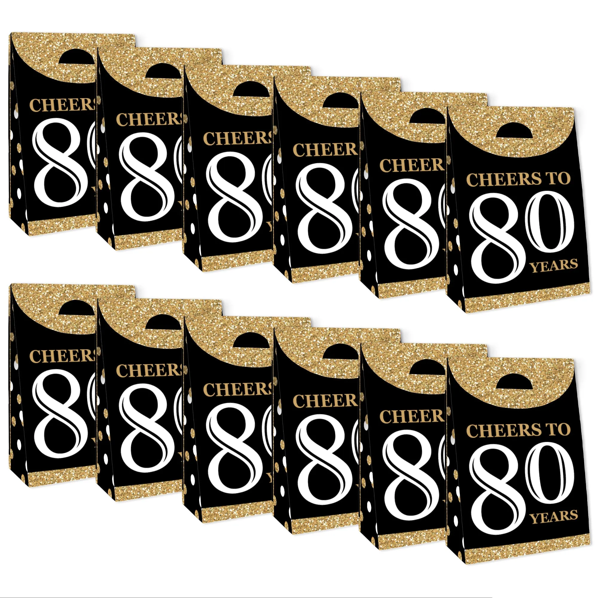 Adult 80th Birthday - Gold - Birthday Gift Favor Bags - Party Goodie Boxes - Set of 12