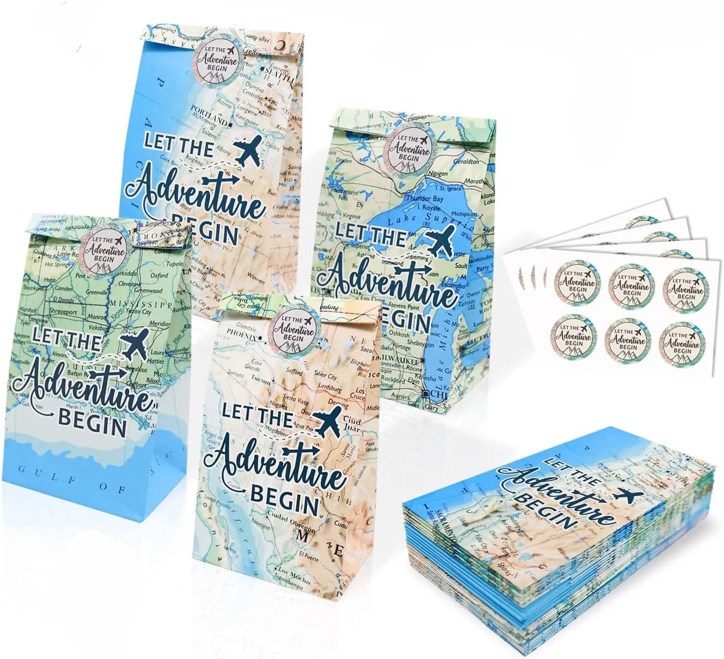 Adventure Party Favor Bags - 24 Pack Let the Adventure Begin, Awaits Travel Farewell Treat Bags - Themed for Birthday & Baby Showers