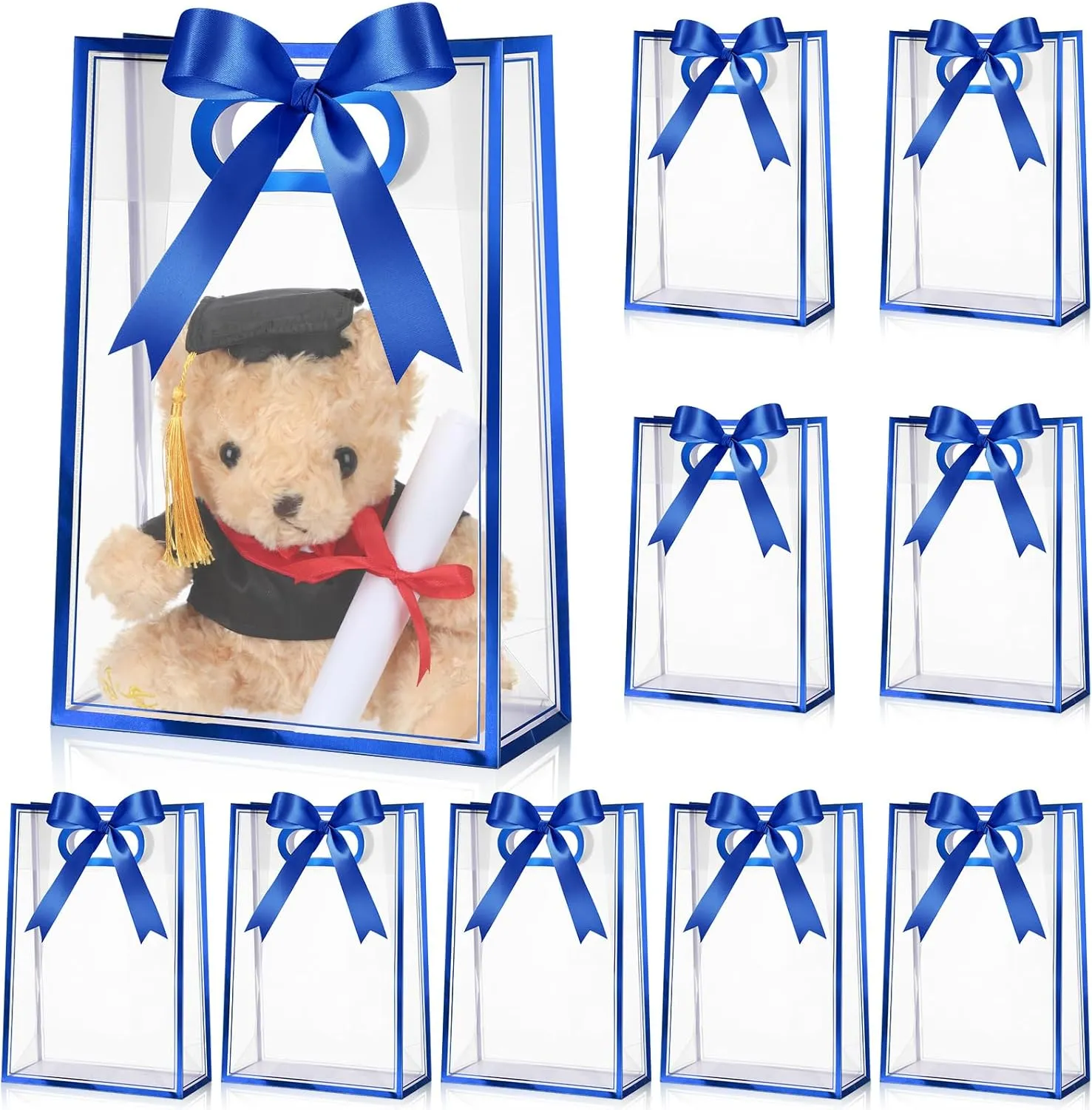 Aliceset 12 Pcs Clear Plastic Gift Bag with Die Cut Handles Graduation Reusable PP Flower Bag with Ribbon for Wedding Bridal Birthday Baby Shower Party Business, 7x10x3.15 Inch (Royal Blue)