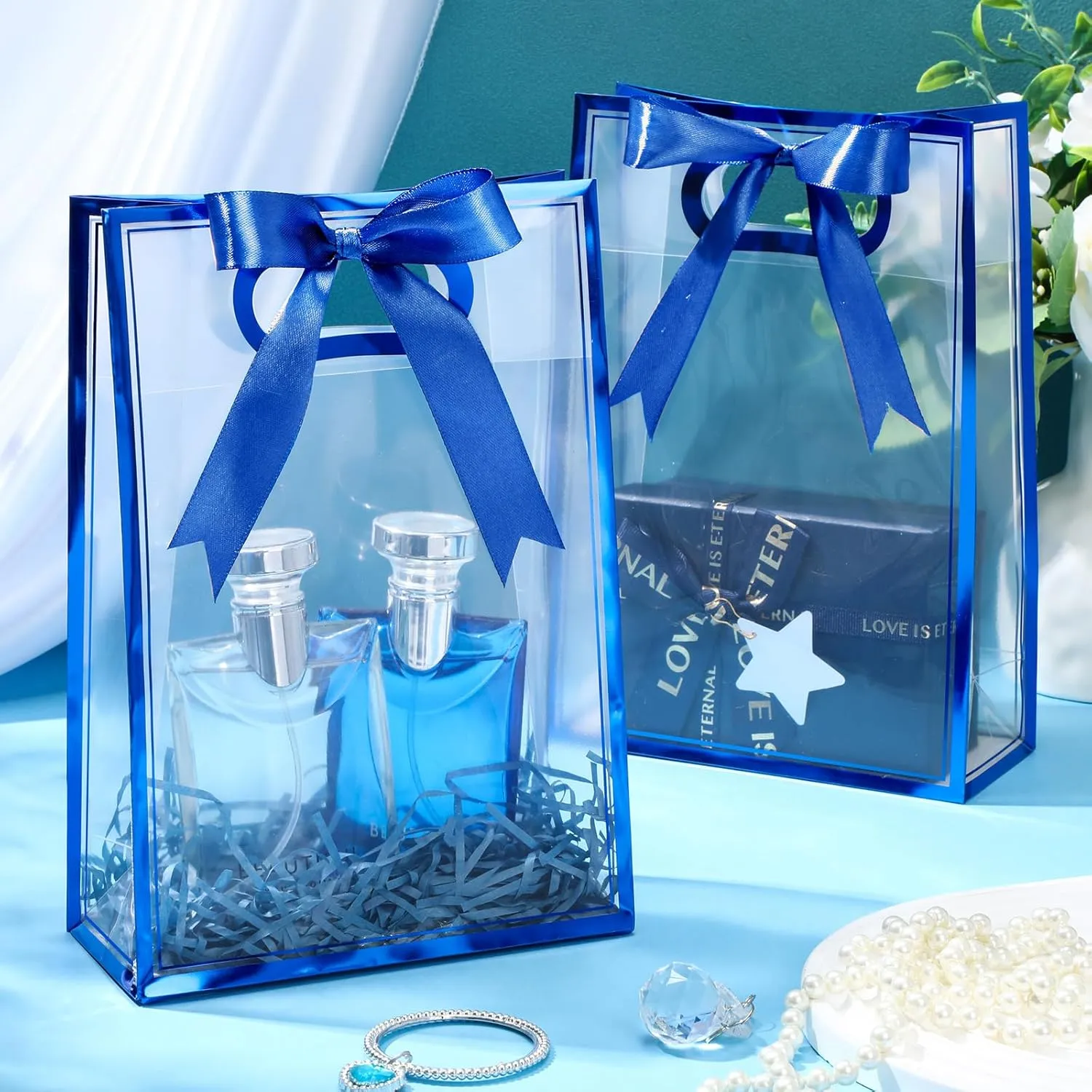 Aliceset 12 Pcs Clear Plastic Gift Bag with Die Cut Handles Graduation Reusable PP Flower Bag with Ribbon for Wedding Bridal Birthday Baby Shower Party Business, 7x10x3.15 Inch (Royal Blue)