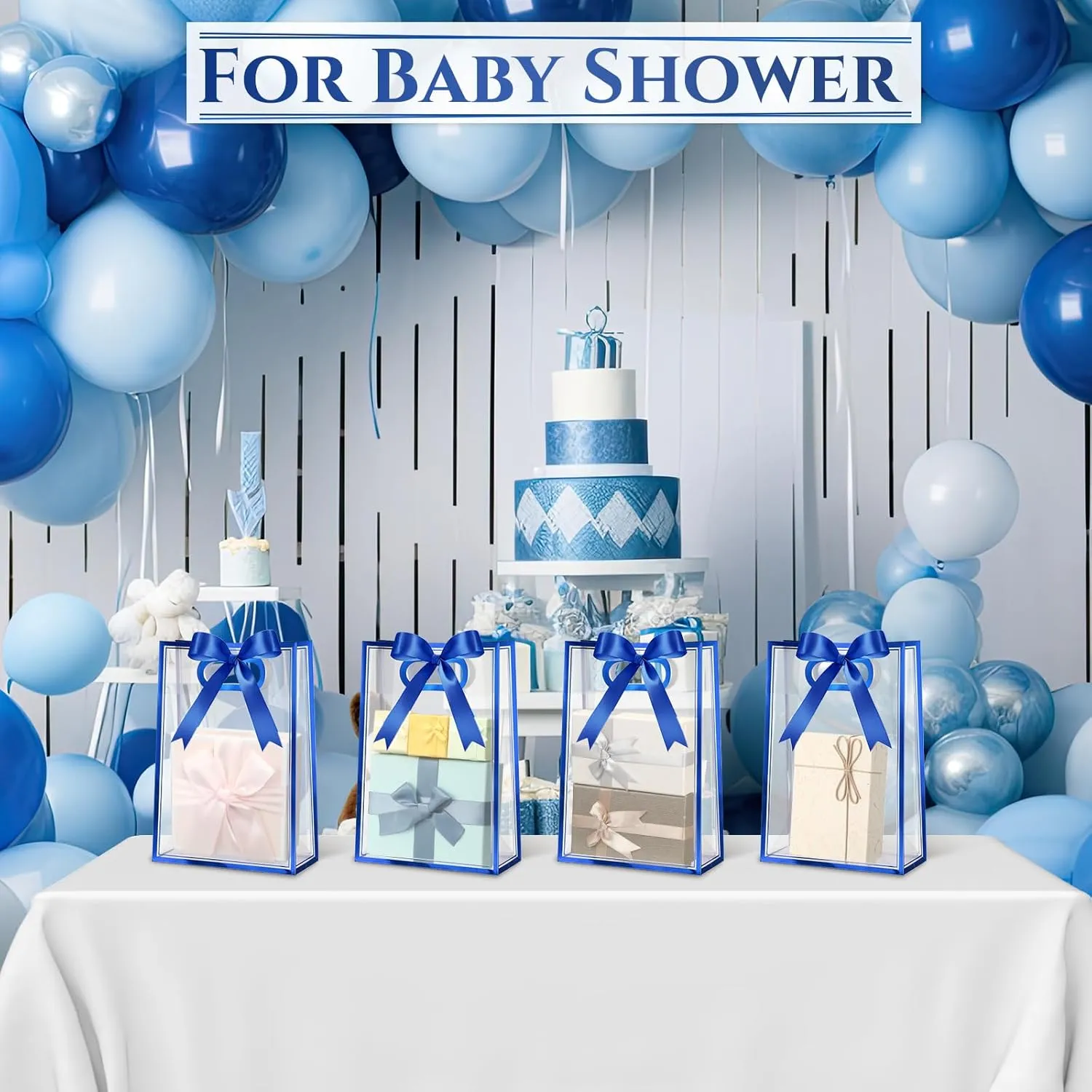 Aliceset 12 Pcs Clear Plastic Gift Bag with Die Cut Handles Graduation Reusable PP Flower Bag with Ribbon for Wedding Bridal Birthday Baby Shower Party Business, 7x10x3.15 Inch (Royal Blue)